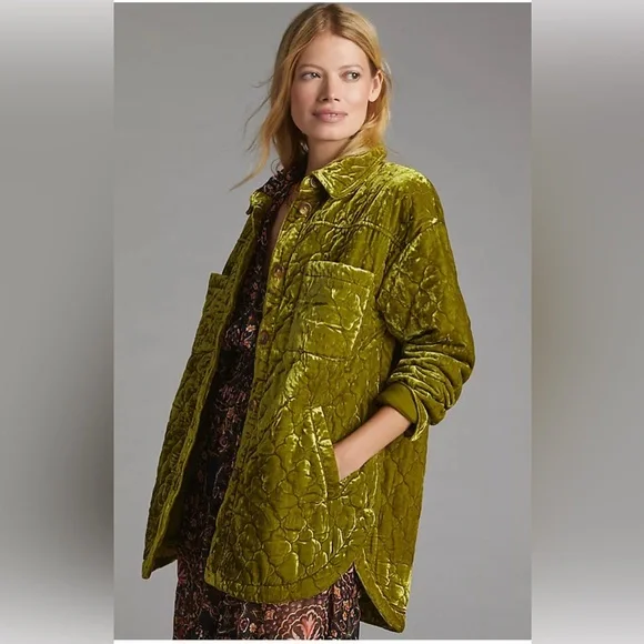 Anthropologie Quilted Velvet Shirt Jacket Size S Green Chartreuse - Picture 1 of 6